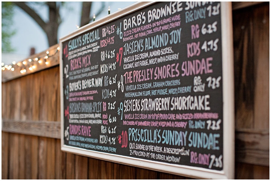 peter sons ice cream menu board